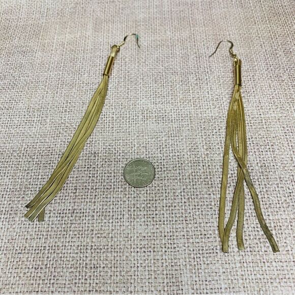 Gold Herringbone Long Tassel Chain Earrings - Picture 1 of 2